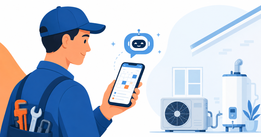Illustration of a home service technician using an automated AI booking system on a smartphone, representing automation for home service business