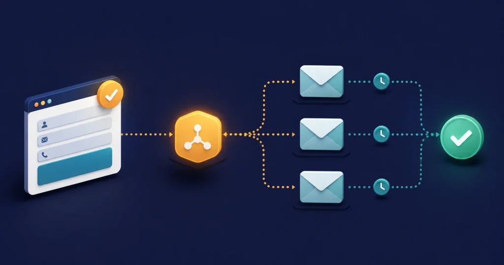 Diagram of an automated lead follow-up system, showing a new lead connected by dotted lines to a timed sequence of follow-up emails