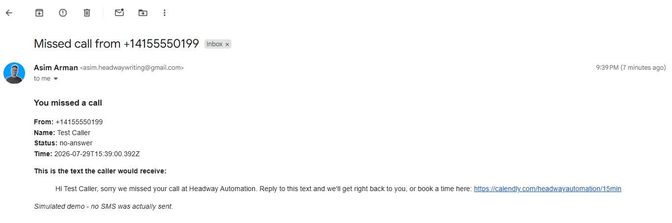 Missed call alert email showing caller number, call status and the text the caller would receive, marked as a simulated demo