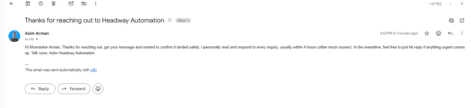 Gmail inbox showing the automated instant response email from Headway Automation confirming a lead's inquiry was received.