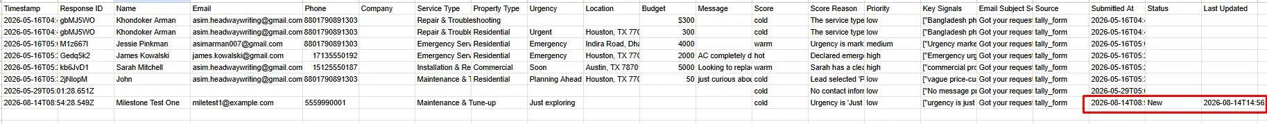 Dedupe test result showing one row with Last Updated refreshed and Timestamp unchanged