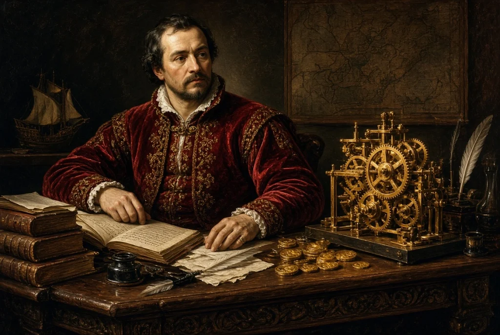 Renaissance-style painting of a small business owner using small business automation services, with glowing golden gears representing automated workflows