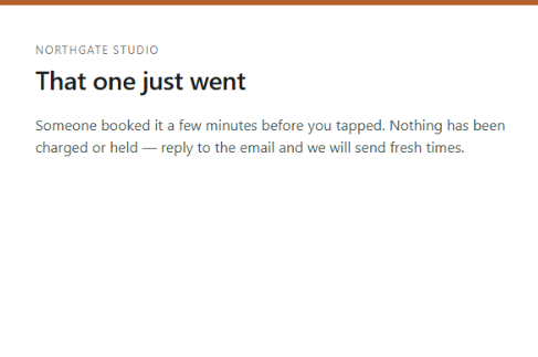 n8n booking automation screen showing "that one just went" after re-checking calendar availability before confirming