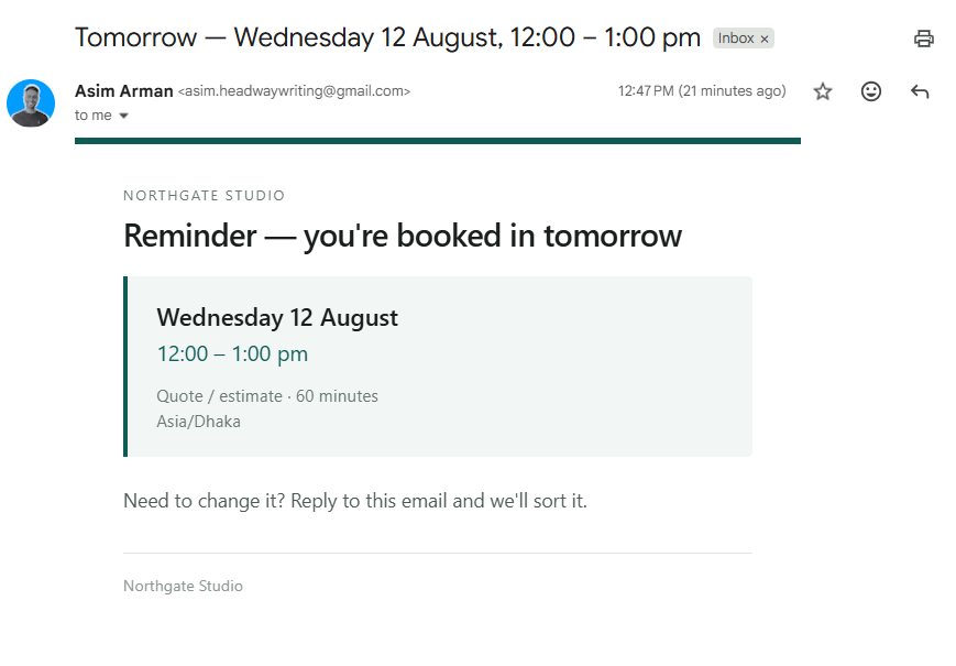 Automated appointment reminder email sent by a poll-based reminder system instead of an unreliable wait node