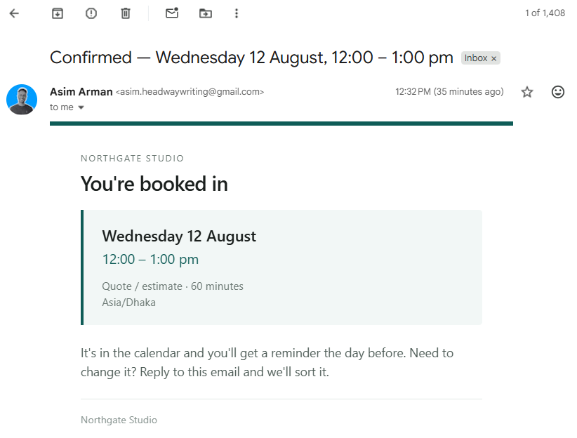 Automated appointment booking confirmation email sent after a real calendar event is verified