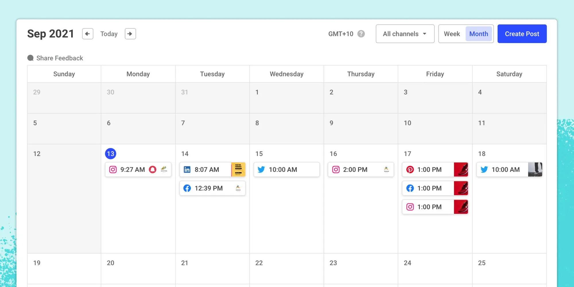 Buffer social media scheduler showing posts queued across multiple platforms