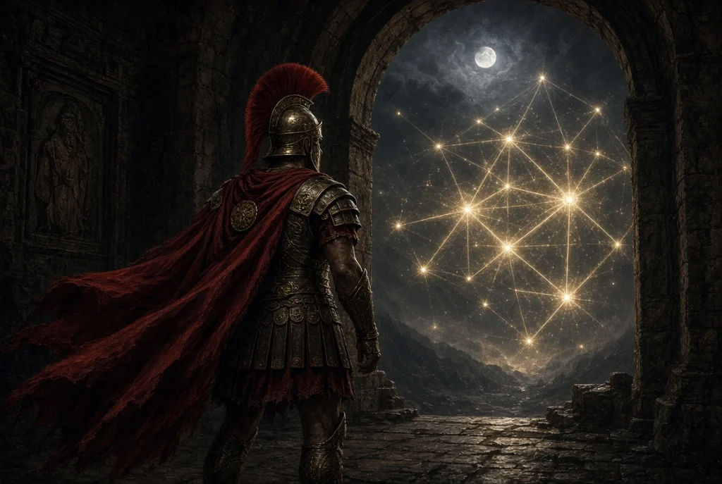 Spartan warrior standing at a stone archway looking out at a glowing automated workflow diagram, representing workflow automation benefits for small business