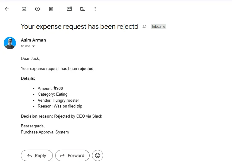 Slack message showing a rejected expense in a workflow automation demo