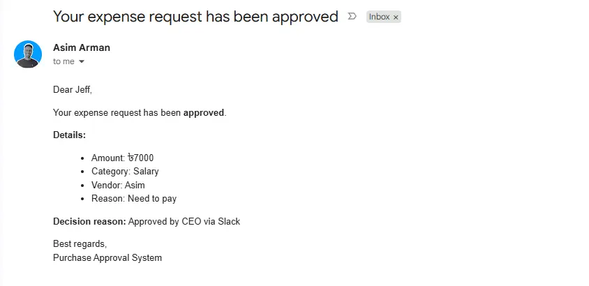 Automatic email notifying a requester of an expense approval decision